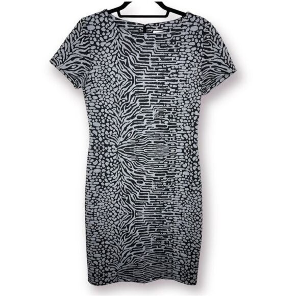 Calvin Klein Size 6 Gray Black Mixed Print Cap Short Sleeve Career Stretch Dress - Picture 1 of 8